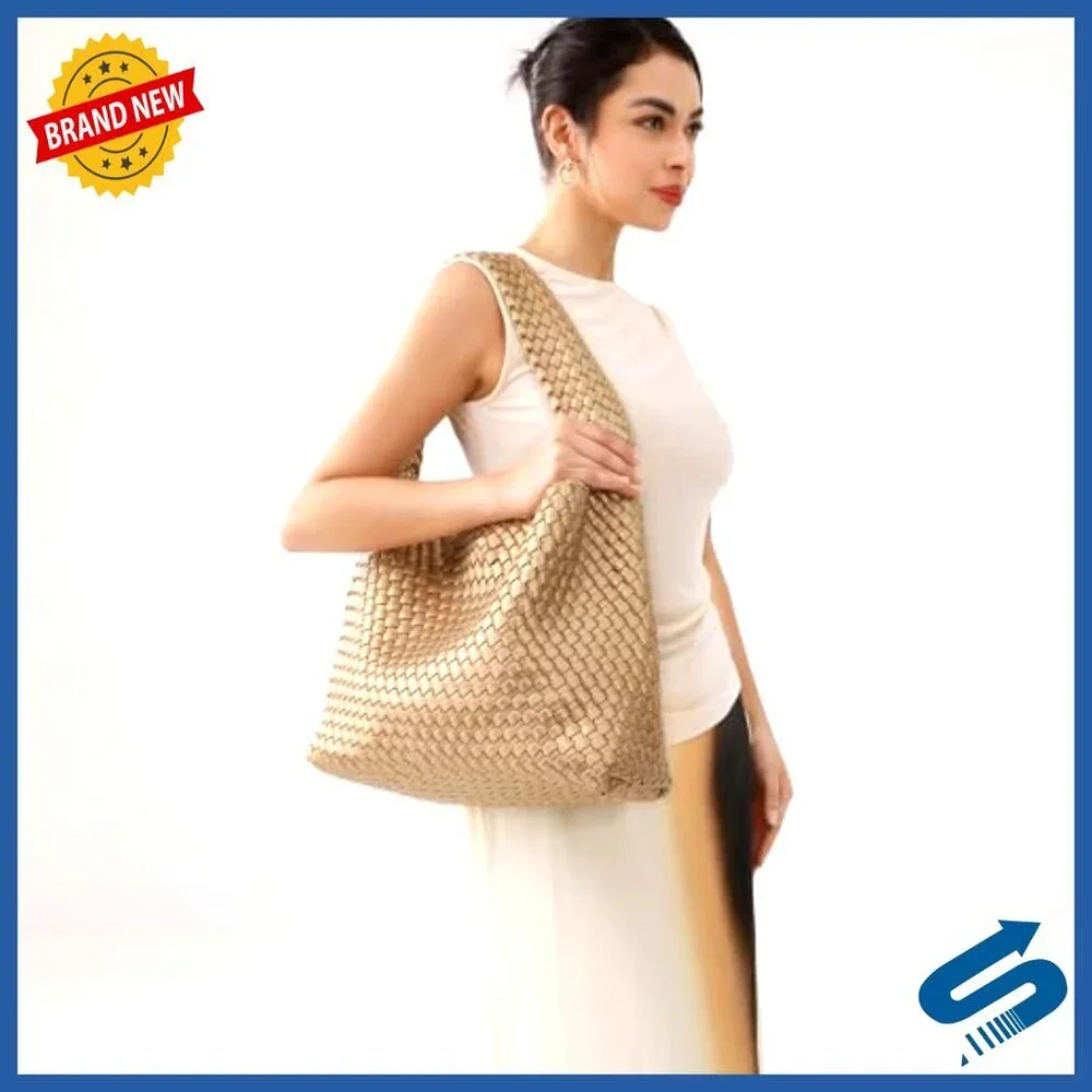 Vegan Leather Woven Tote Bag Large Shoulder Handbag Elegant Minimal Chic